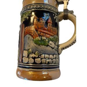 Vintage Beer stein Germany Medieval bugler & horse w/ Lid